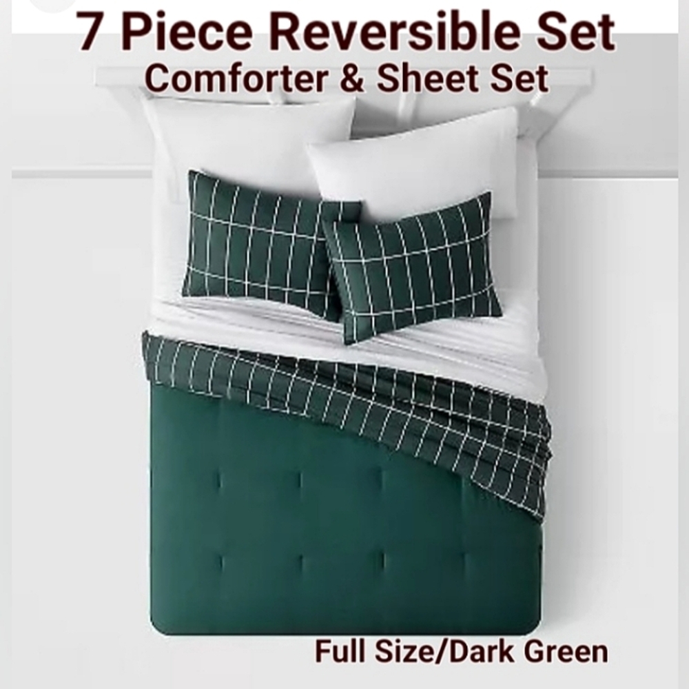 ☆NWT☆7 Piece FULL Sz Green Grid Print Microfiber Reversible Comforter & Sheets